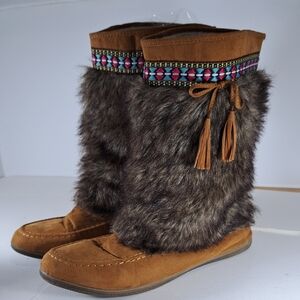 Call It Spring Tan Faux Fur Boots with Colorful Trim